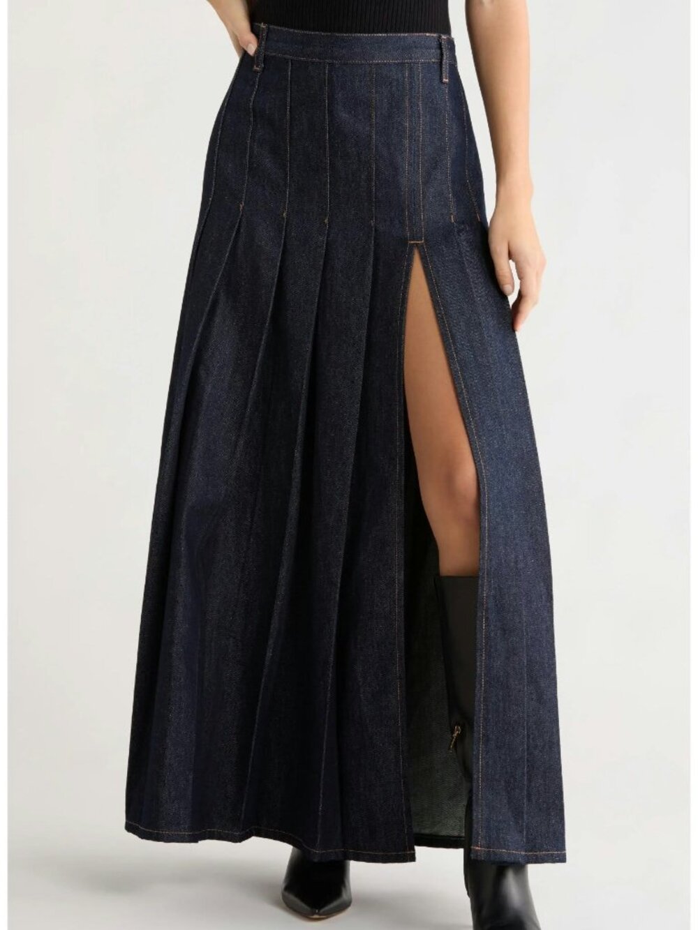 NWT Topshop Denim Pleated Slit Maxi Skirt Floor Length Dark Wash Sz US 8